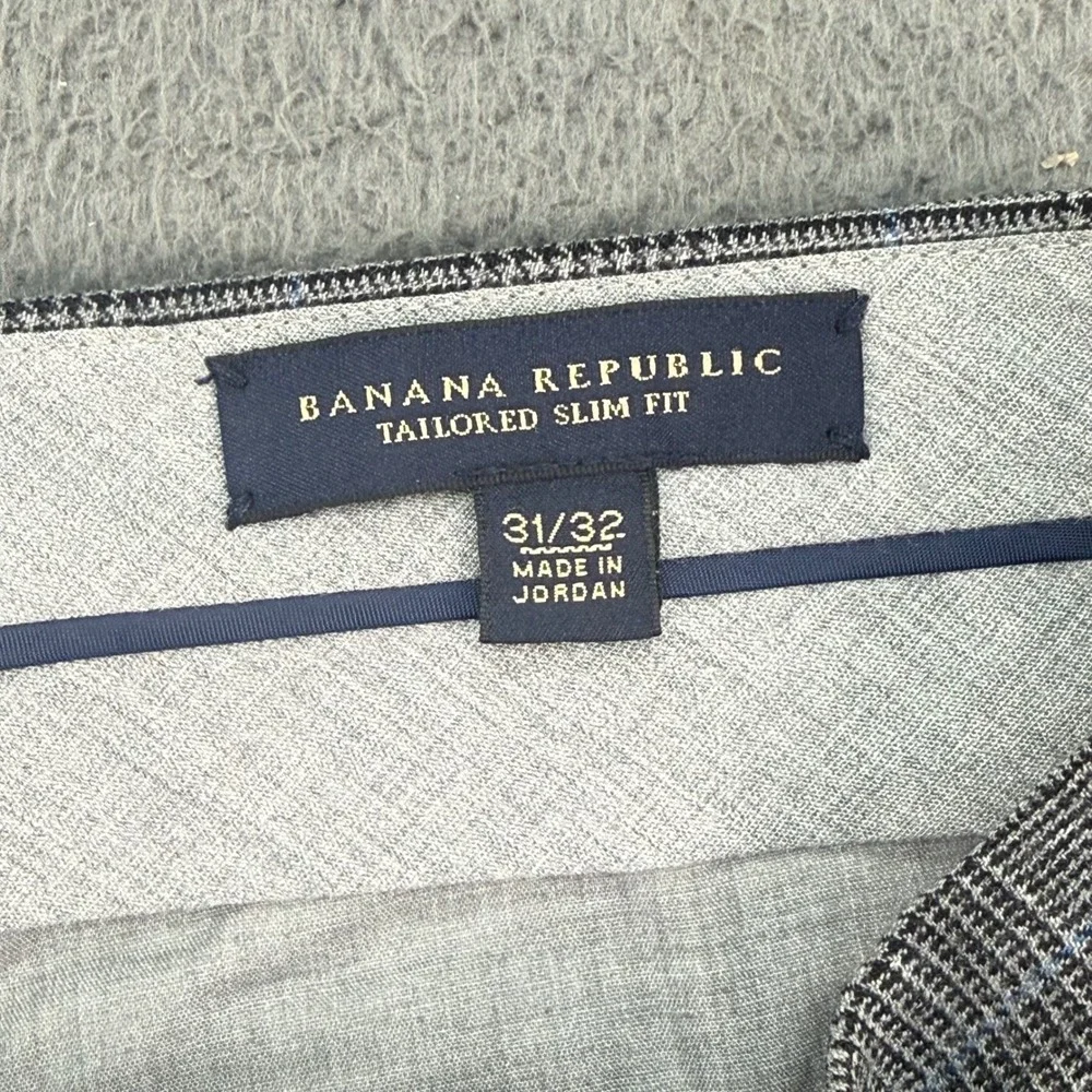 Banana Republic Dress Pants Mens 31x32 Grey Glen Plaid 100% Wool Tailored Slim